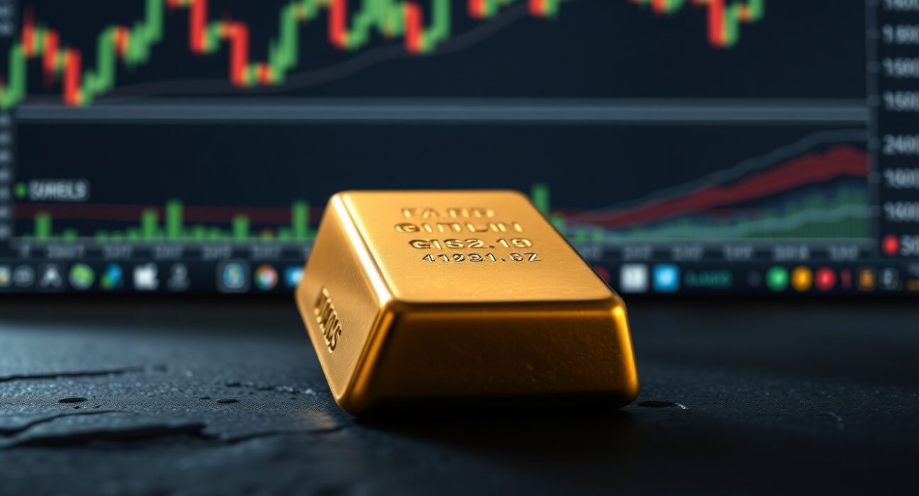 Gold bullion bar with financial market charts in the background, representing current gold price volatility.