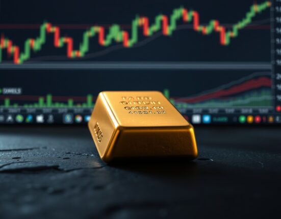 Gold bullion bar with financial market charts in the background, representing current gold price