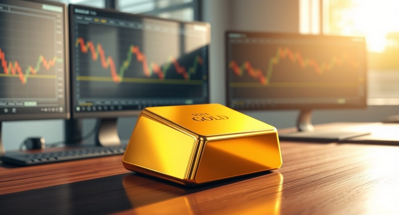 Gold bullion bar on financial desk showing market pressure from Federal Reserve interest rate policies