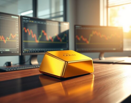 Gold bullion bar on financial desk showing market pressure from Federal Reserve interest rate policies