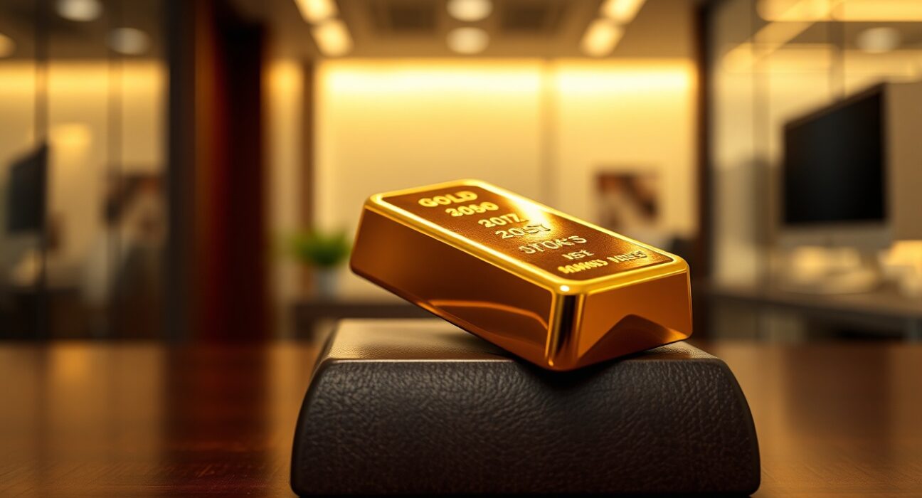Close-up of a gold bar on a wooden surface with soft lighting, representing investment and precious metals market analysis.