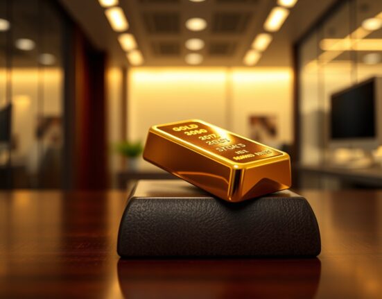 Close-up of a gold bar on a wooden surface with soft lighting, representing investment and precious metals market analysis.