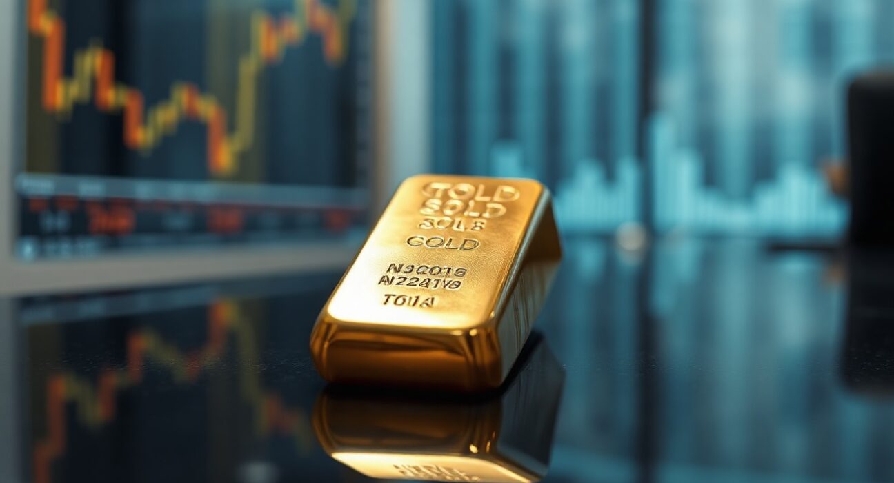 Gold bars stacked on a reflective surface, symbolizing rising prices ahead of US inflation data.