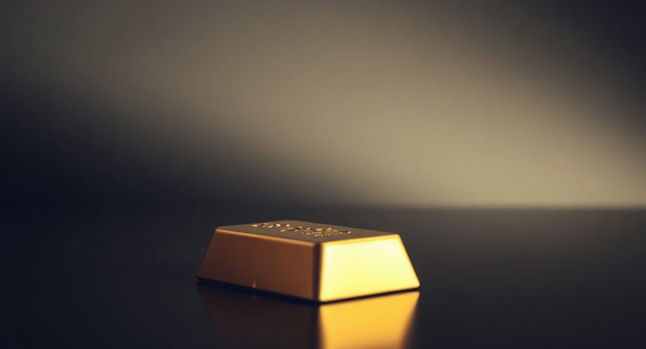 Gold bar on reflective surface with soft lighting representing precious metals market