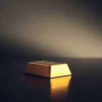 Gold bar on reflective surface with soft lighting representing precious metals market