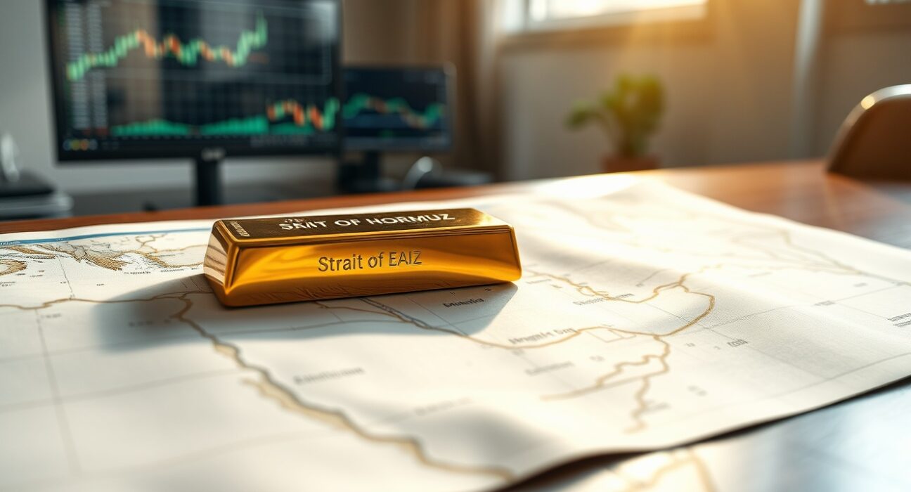 Gold bullion on a Strait of Hormuz nautical chart symbolizing market focus on geopolitics.