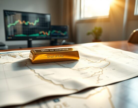 Gold bullion on a Strait of Hormuz nautical chart symbolizing market focus on geopolitics.