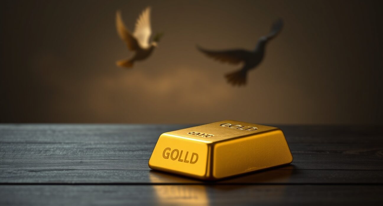 Gold bar with dove silhouette representing ceasefire impact on gold prices and safe-haven demand, as analyzed by ING.