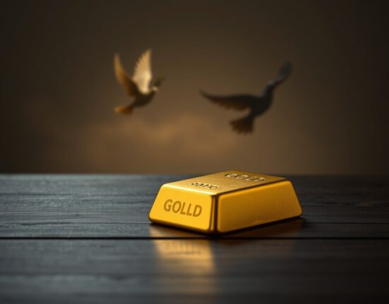 Gold bar with dove silhouette representing ceasefire impact on gold prices and safe-haven demand, as analyzed by ING.