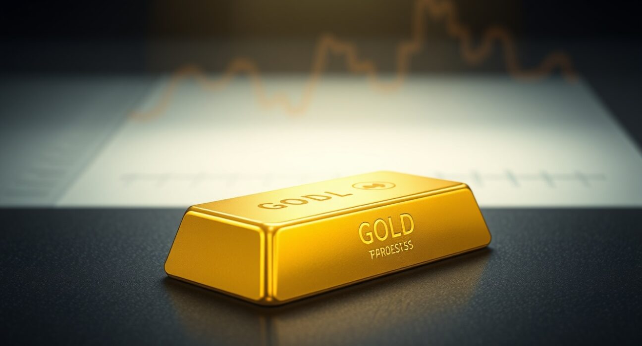 Gold bullion bar reflecting market decline after US inflation data and stronger dollar.