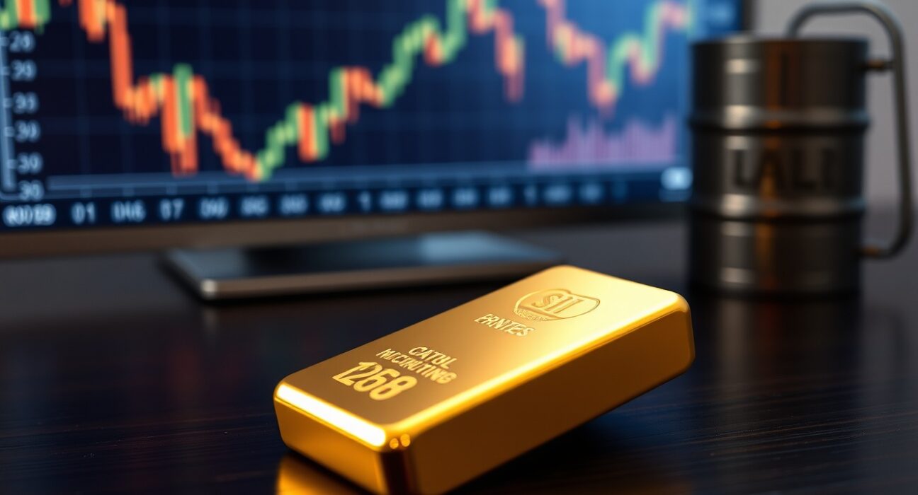Gold bar on a wooden surface with a financial chart and oil barrel in the background