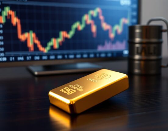 Gold bar on a wooden surface with a financial chart and oil barrel in the background