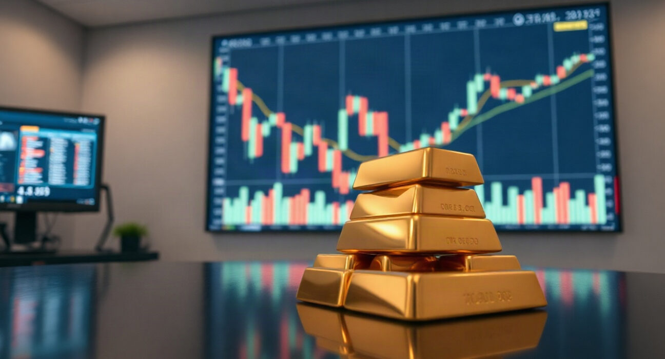 Gold bars on a reflective surface with a financial chart in the background, representing market volatility.