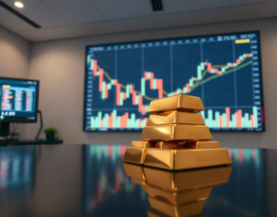 Gold bars on a reflective surface with a financial chart in the background, representing market volatility.