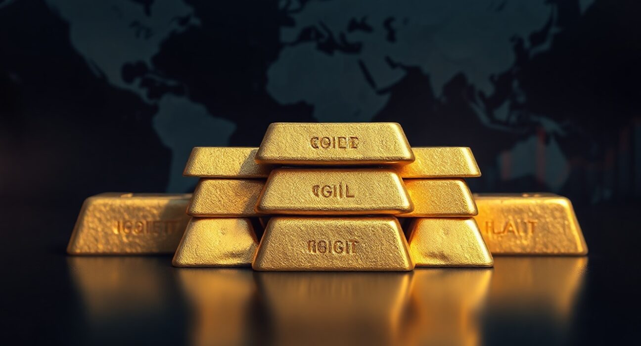 Stack of gold bars on a dark surface representing declining gold prices amid geopolitical and monetary policy pressures.