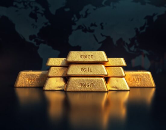 Stack of gold bars on a dark surface representing declining gold prices amid geopolitical and monetary policy pressures.