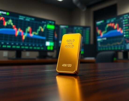 Gold bar on dark surface with blurred trading monitors showing downward trends