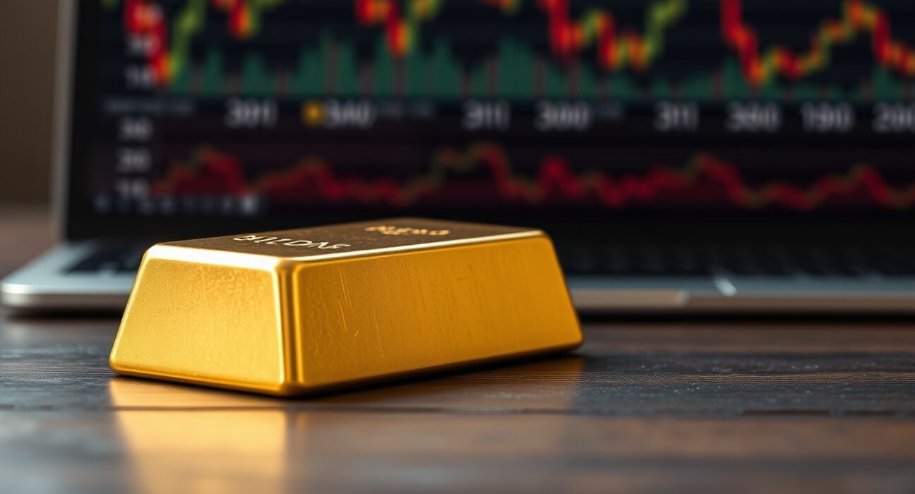 Gold bullion bar representing falling gold prices amid Federal Reserve interest rate decisions and Middle East tensions