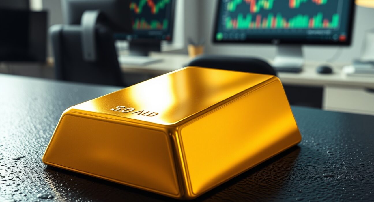 Gold bar with declining financial chart illustrating falling gold prices amid Federal Reserve policy.