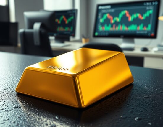 Gold bar with declining financial chart illustrating falling gold prices amid Federal Reserve policy.