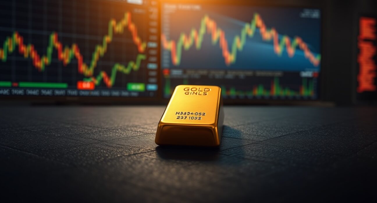 Gold bar on dark surface with financial charts in background