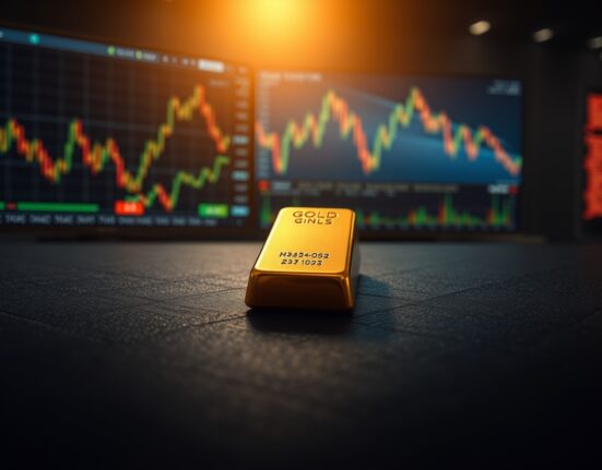 Gold bar on dark surface with financial charts in background