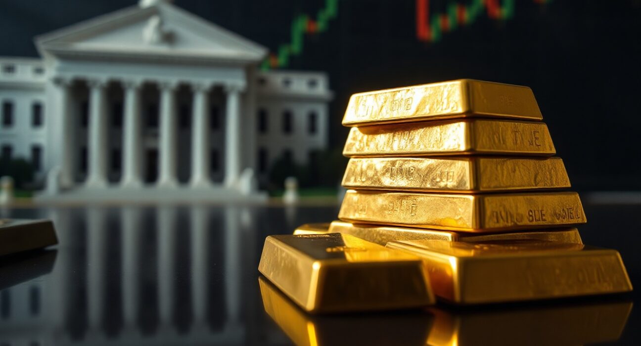 Gold bullion bars with financial charts in background, representing market uncertainty.