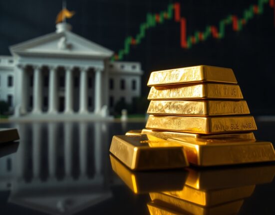 Gold bullion bars with financial charts in background, representing market uncertainty.