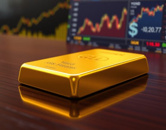 Gold bullion bar reflecting pressure from Federal Reserve policy and rising US Treasury yields.