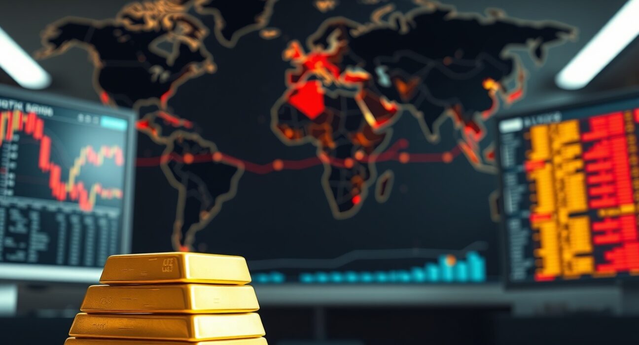 Gold bars in foreground with geopolitical map in background, illustrating Commerzbank's analysis of gold prices facing a cap from geopolitical demand.