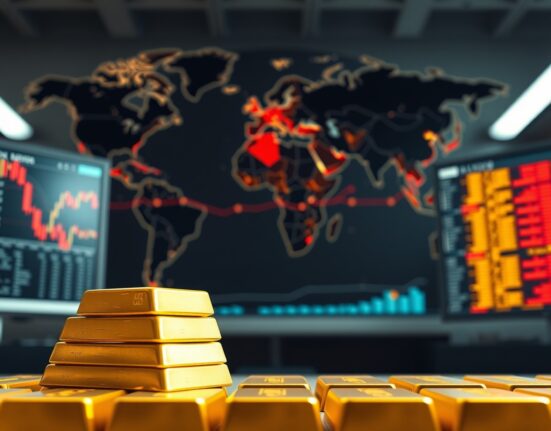 Gold bars in foreground with geopolitical map in background, illustrating Commerzbank's analysis of gold prices facing a cap from geopolitical demand.