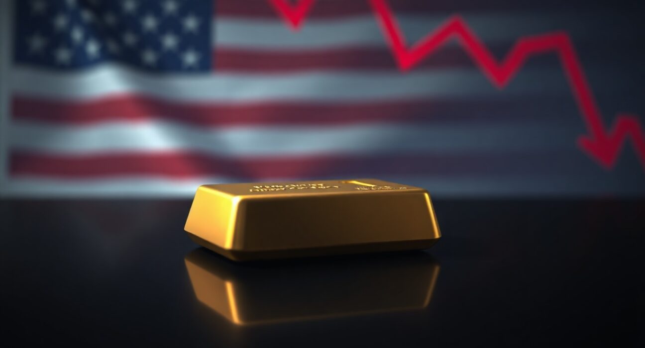 Gold bar on dark surface with financial chart and American flag background