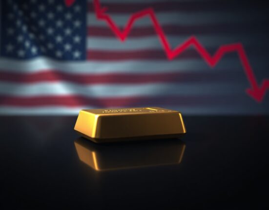 Gold bar on dark surface with financial chart and American flag background