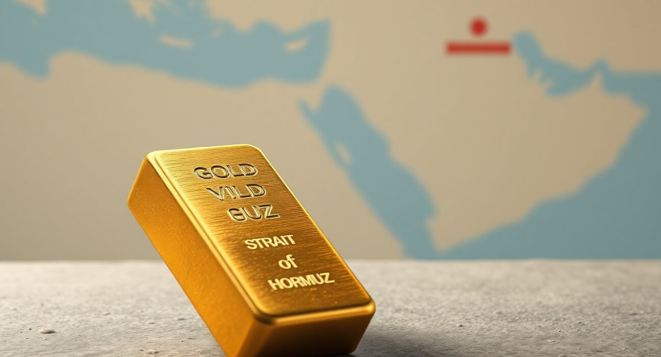 Gold bullion bar representing depressed gold prices amid Hormuz Strait tensions and Federal Reserve policy.