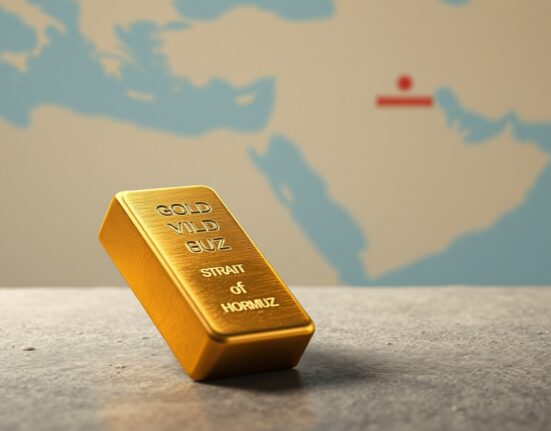 Gold bullion bar representing depressed gold prices amid Hormuz Strait tensions and Federal Reserve policy.