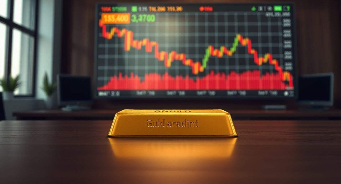 Gold bullion bar with financial chart reflecting market volatility and inflation concerns.