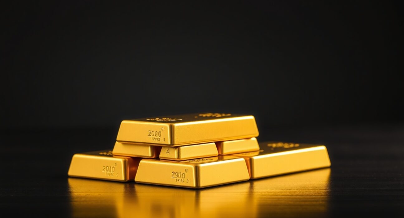 Close-up of stacked gold bars on a dark surface, representing falling gold prices in India.