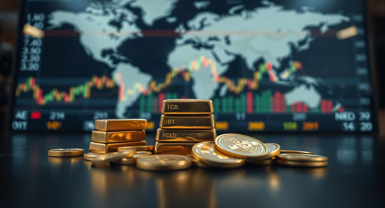 Gold bars and coins on a reflective surface, symbolizing safe-haven demand amid geopolitical uncertainty.