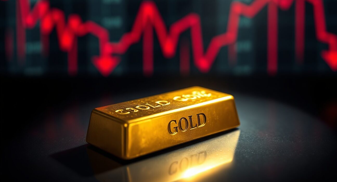 Gold bar on dark surface with financial chart in background showing decline