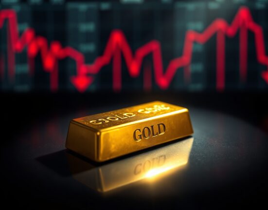 Gold bar on dark surface with financial chart in background showing decline