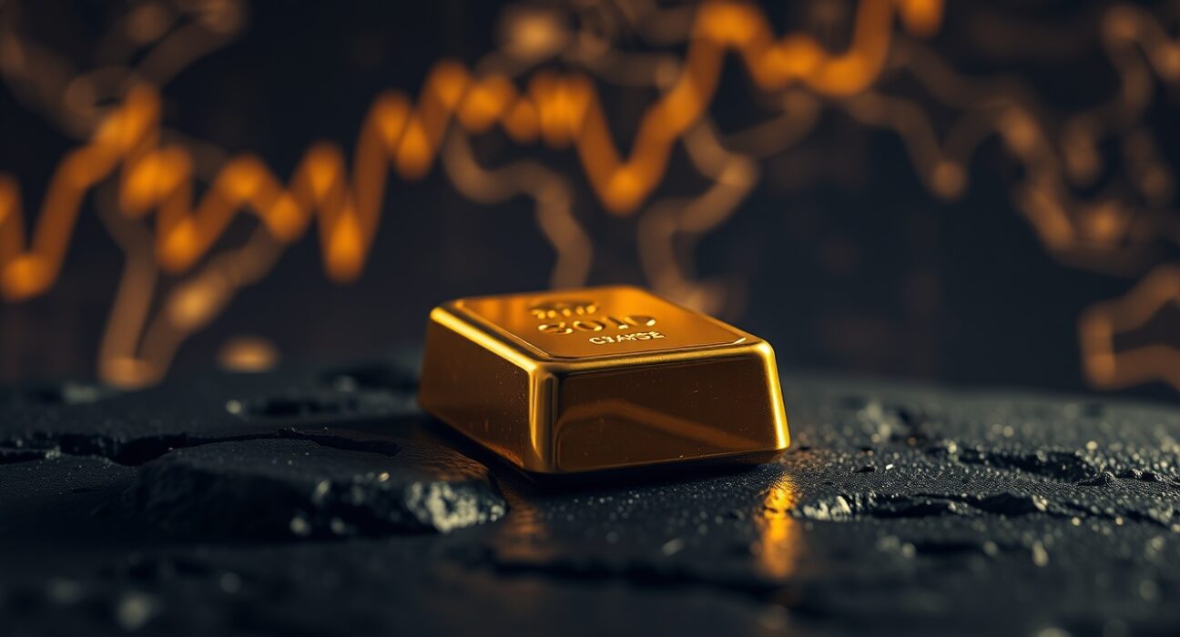 Close-up of a gold bar with financial charts in the background representing market volatility.
