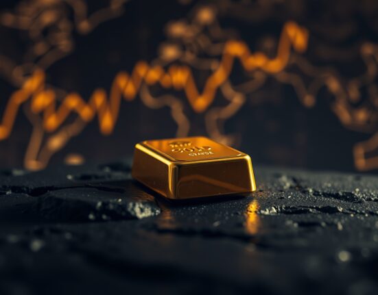 Close-up of a gold bar with financial charts in the background representing market volatility.