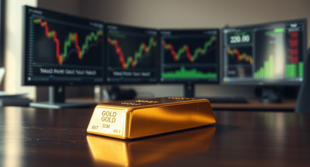Gold bullion bar in financial trading environment representing market price movements