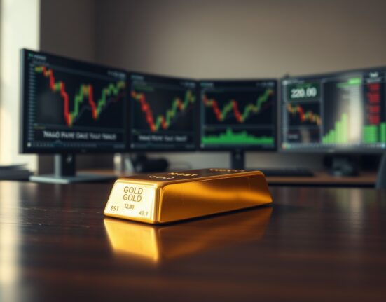 Gold bullion bar in financial trading environment representing market price movements