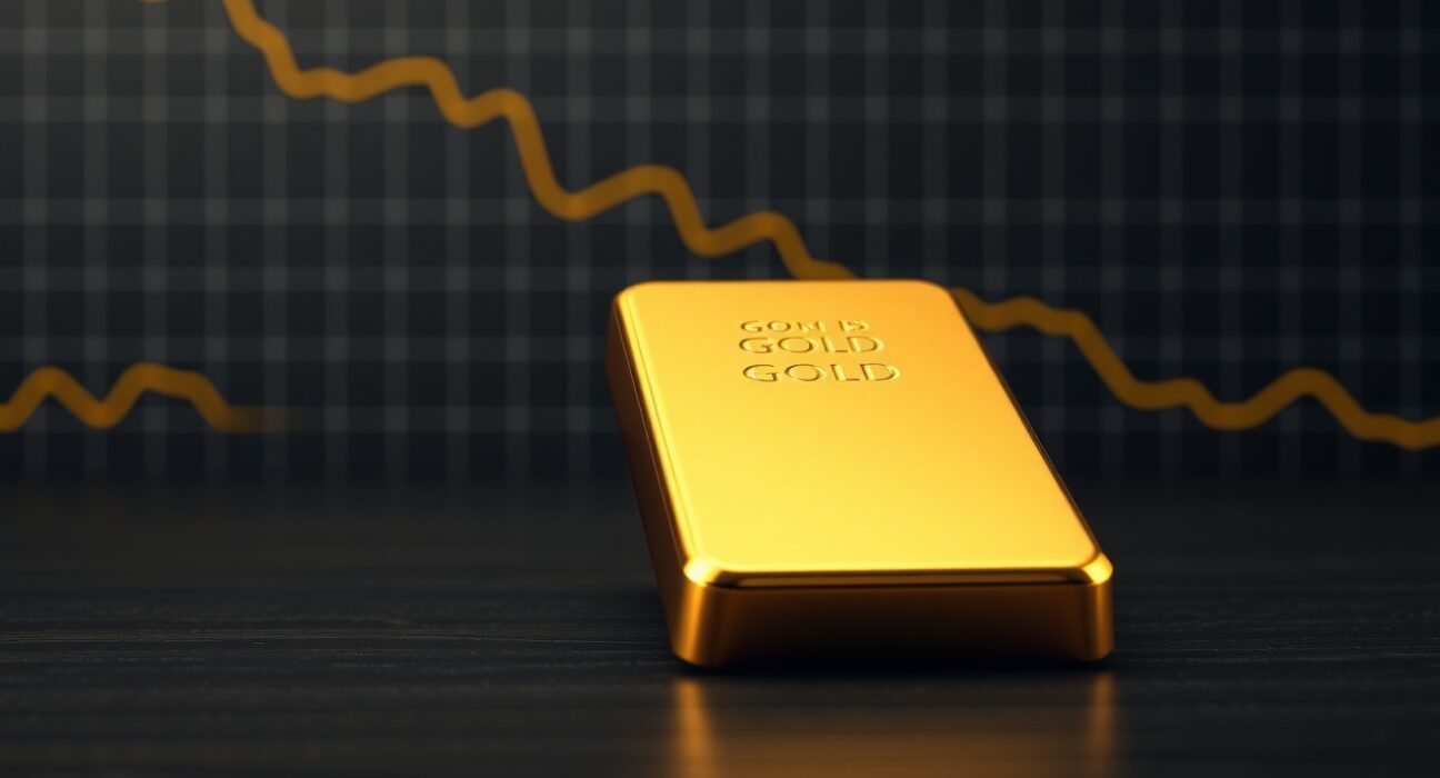 Gold bullion bar representing falling gold prices after Trump's economic comments impact markets.