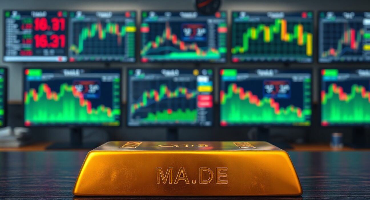 Gold bar on dark wooden surface with financial charts on monitors in background