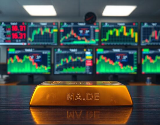 Gold bar on dark wooden surface with financial charts on monitors in background
