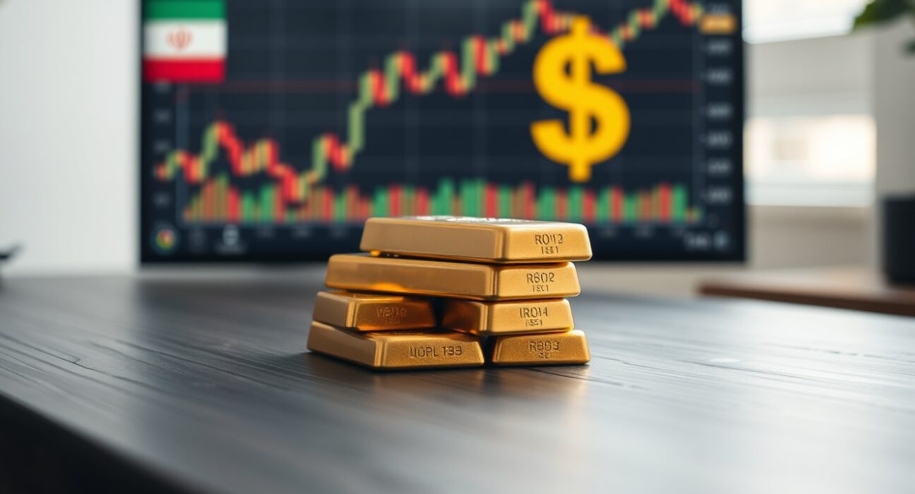 Gold bars stacked on a table with a financial chart in the background