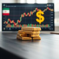 Gold bars stacked on a table with a financial chart in the background