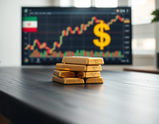Gold bars stacked on a table with a financial chart in the background